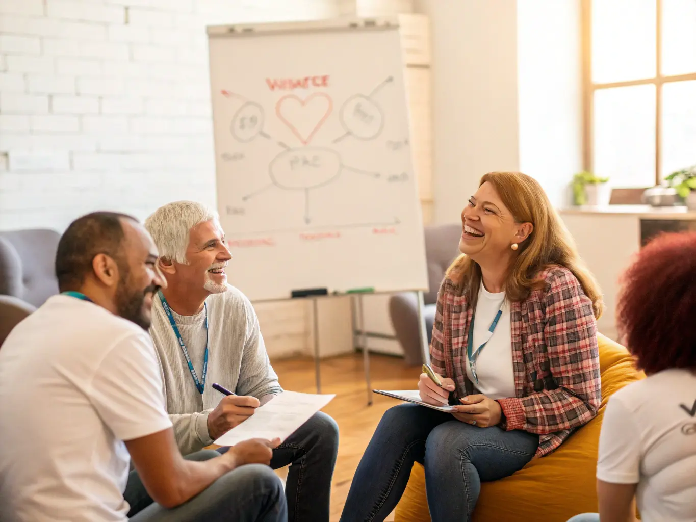 Bir grup gönüllünün bir daire içinde oturup gülüp anlamlı sohbetlere katıldıkları sıcak ve davetkar bir görüntü. Bazıları beyaz tahtada fikir fırtınası yaparken, diğerleri kişisel hikayelerini paylaşarak bağlantıyı ve paylaşılan idealleri sembolize ediyor. Ortam rahat ama dinamik, destekleyici bir topluluğun gücünü yansıtıyor.
                  