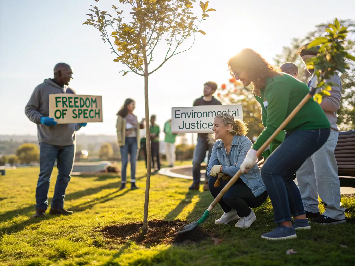 Çeşitli insanların açık havada bir araya gelerek bir topluluk projesi üzerinde birlikte çalıştığı yürek ısıtan bir sahne. Bazıları ağaç dikiyor, diğerleri ifade özgürlüğü ve çevresel adaleti savunan pankartlar taşıyor. Atmosfer parlak ve umutlu, altın rengi güneş ışığı ortamı aydınlatıyor, kolektif eylemi ve olumlu etkiyi simgeliyor
