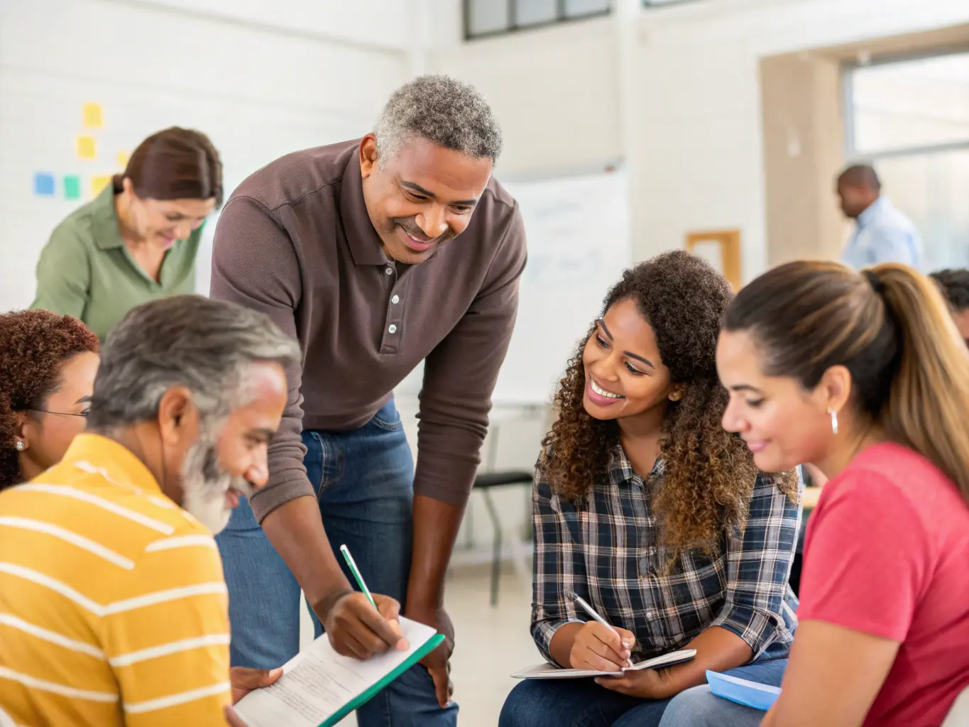 An empowering image of a diverse group of individuals in a workshop or training session, learning leadership and communication skills. A mentor is guiding the participants as they engage in problem-solving exercises, taking notes, and sharing ideas. The scene is well-lit, with a focus on teamwork and professional growth.