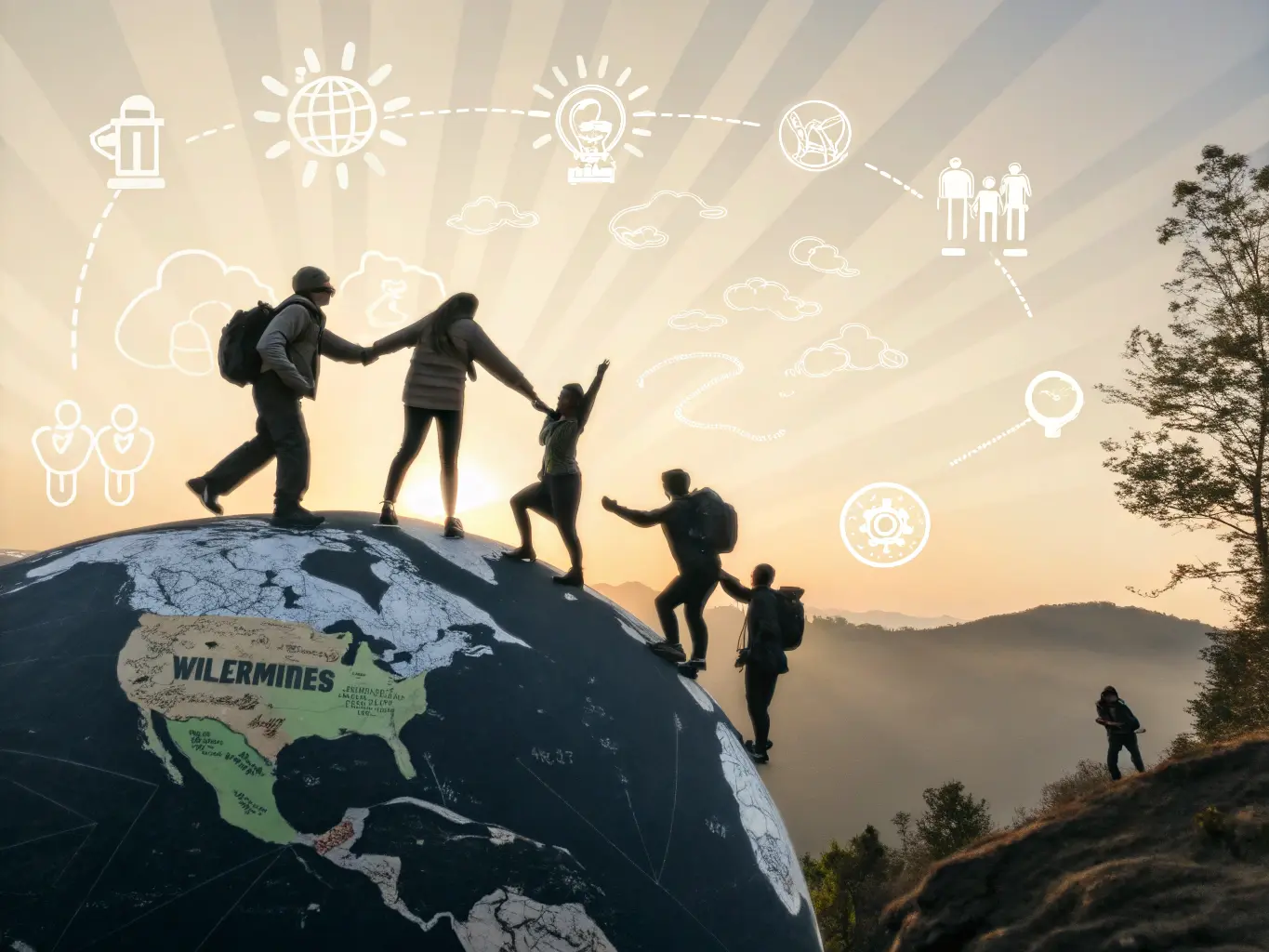 Birbirine bağlı insanların el ele tutuştuğu, küresel birliği ve aktivizmi simgeleyen bir küreyi sergileyen dinamik ve ilham verici bir dijital sanat eseri. Işık ışınları farklı kıtalardan uzanarak dünya çapındaki gönüllülerin etkisini temsil ediyor. Arka planda insan hakları, çevresel adalet ve ifade özgürlüğünün ince simgeleri yer alıyor ve bir amaç ve iş birliği duygusu yaratıyor
                  