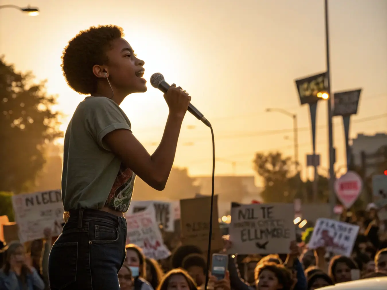 Genç bir aktivistin bir halk toplantısında tutkuyla bir mikrofona konuştuğu güçlü, sinematik bir görüntü. Arka planda, ilgili dinleyicilerden oluşan bir kalabalık destek işaretleri tutarken, batan güneşin sıcak parıltısı dramatik ve ilham verici bir ışık yayıyor. Sahne, güçlendirme, motivasyon ve hikaye anlatımı yoluyla değişimi ateşleme yeteneğini iletiyor
                  
