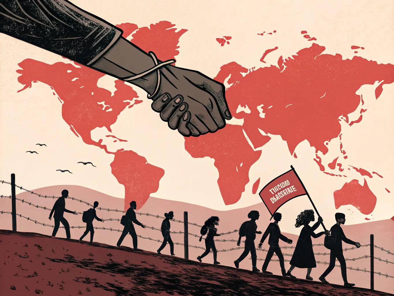 A striking and symbolic visual of two hands reaching out and clasping each other firmly, set against a backdrop of a world map. In the distance, silhouettes of people marching with banners advocating for human rights can be seen, representing unity and the fight for equality. The color scheme is rich and bold, emphasizing impact and empowerment.
