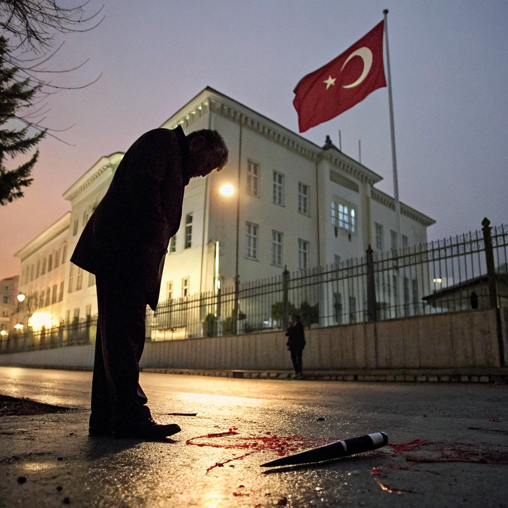 Bir adam, yerde kan izleri ve kırık bir kalemle dururken, arkasında Türk bayrağı dalgalanıyor. Görsel, gazeteci Cemal Kaşıkçı cinayetine ve basın özgürlüğüne yönelik tehditlere güçlü bir gönderme yapıyor