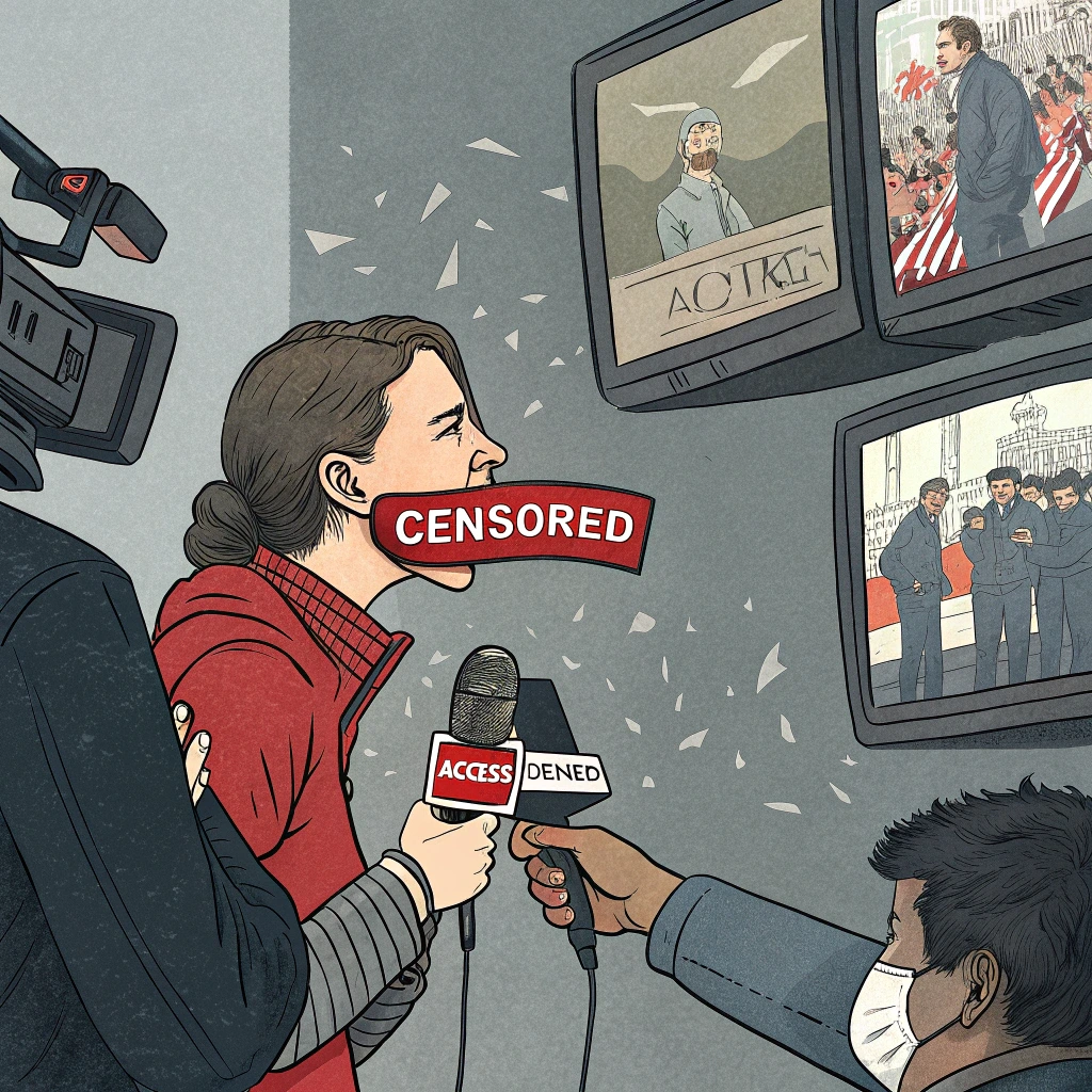Bir gazeteci, ağzını kapatan 'CENSORED' etiketiyle konuşmaya çalışırken, bir röportaj mikrofonunda 'ACCESS DENIED' yazıyor; arkadaki ekranlarda siyasi ve toplumsal olaylar gösterilirken basın özgürlüğünün kısıtlanmasını simgeliyor.