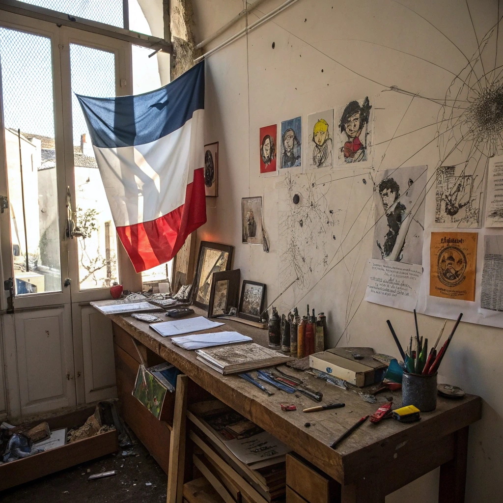 Kurşun delikleriyle hasar görmüş bir duvarın önündeki çalışma masasında Fransız bayrağı asılı; sanatsal çizimler, belgeler ve kalemler dağınık bir şekilde dururken ifade özgürlüğü ve saldırıya uğramış bir yaratıcı alanı simgeliyor