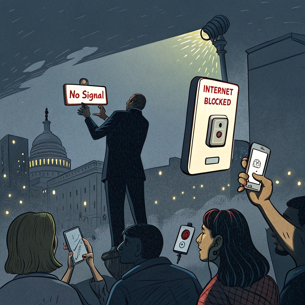 Kalabalık bir şehir meydanında, bir adam 'No Signal' tabelasını asarken insanlar internete erişmeye çalışıyor; dev bir 'INTERNET BLOCKED' anahtarı sansürü ve bilgi akışının kısıtlanmasını simgeliyor.