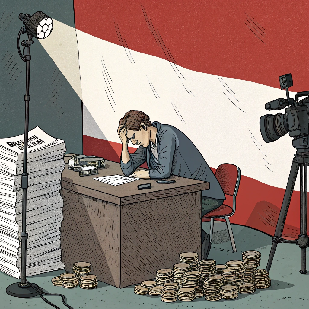 Bir gazeteci, büyük bir kağıt yığını ve etrafına saçılmış paraların arasında, başını eline dayayarak masa başında düşünceli bir şekilde oturuyor