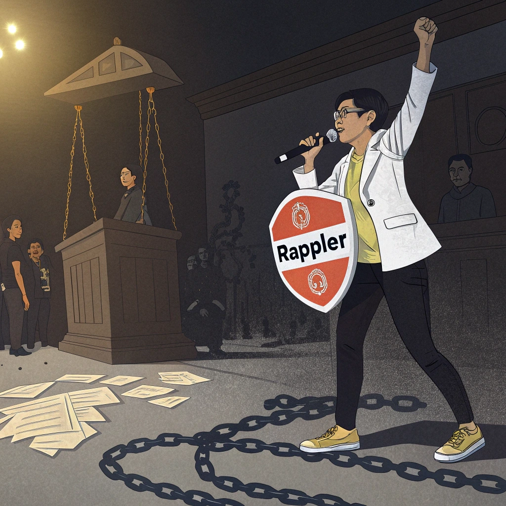 Mahkeme salonunda, elinde mikrofon ve 'Rappler' yazılı bir kalkan bulunduran kadın gazeteci