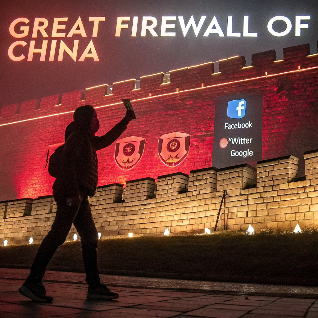 Çin’in 'Great Firewall' (Büyük Güvenlik Duvarı) politikası nedeniyle sansürlenen internet erişimini simgeleyen bir görsel.