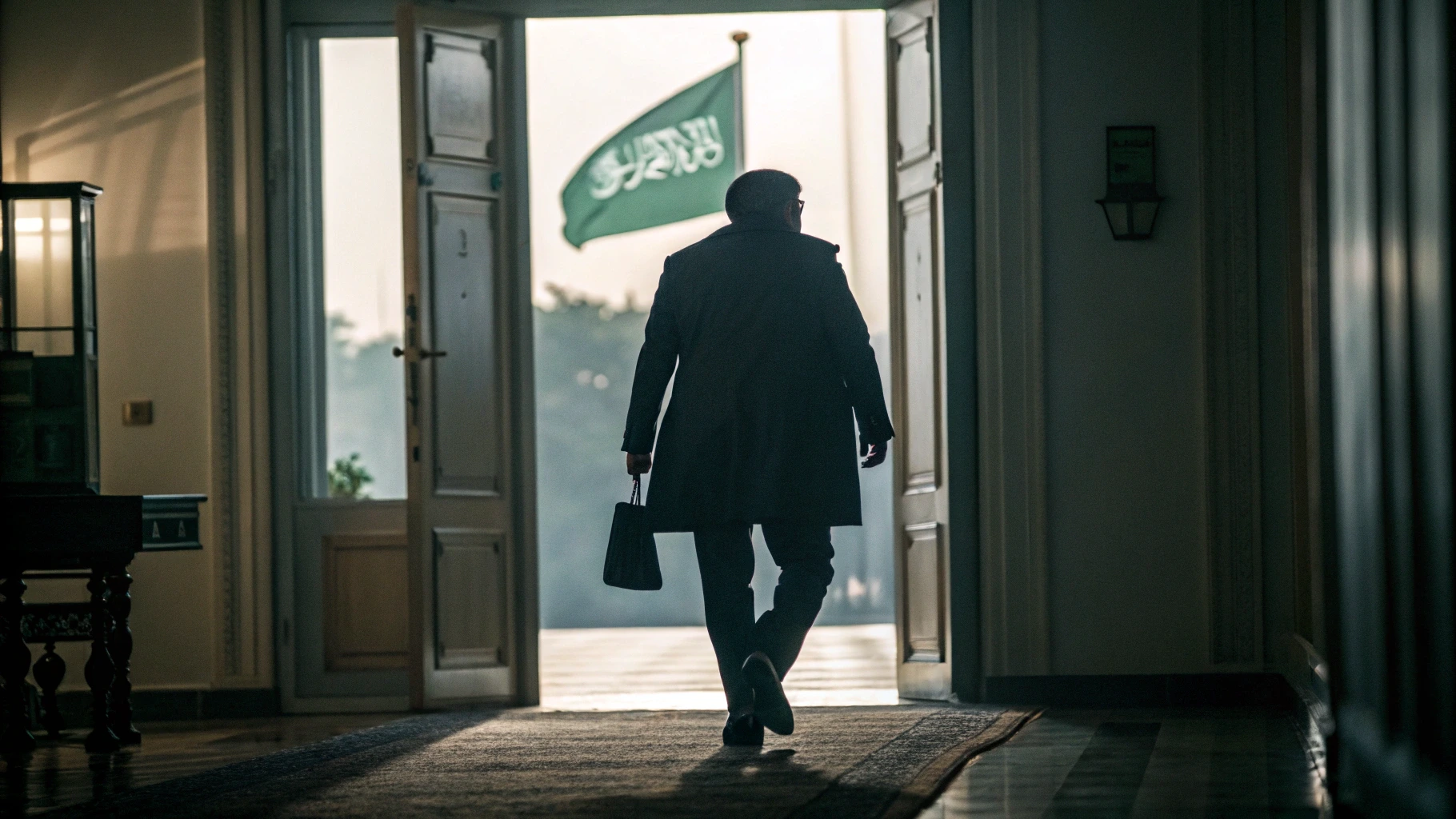 Bir adam, Suudi Arabistan konsolosluğuna girerken görülüyor. Üzerinde uzun bir palto ve elinde çanta var. Açık kapının dışında Suudi Arabistan bayrağı dalgalanıyor. Adamın yüzü görünmüyor, gizemli ve dramatik bir atmosfer yaratılmış