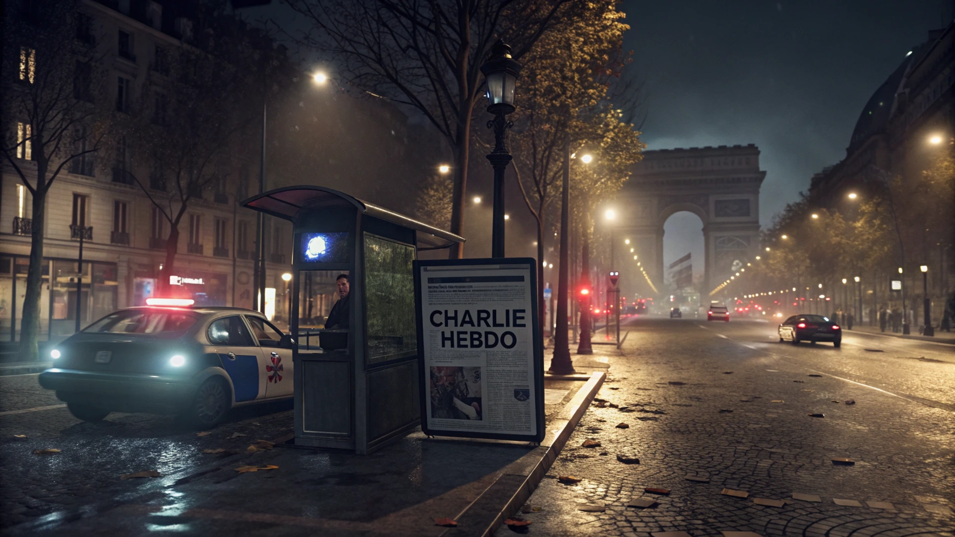 Paris sokaklarında gece vakti geçen bir sahne. Bir otobüs durağında büyük bir 'Charlie Hebdo' gazete ilanı var. Yakınlarda bir polis arabası ve içeride gölgede kalan bir adam dikkat çekiyor. Arkada Arc de Triomphe görülüyor, sahne kasvetli bir atmosfer taşıyor.