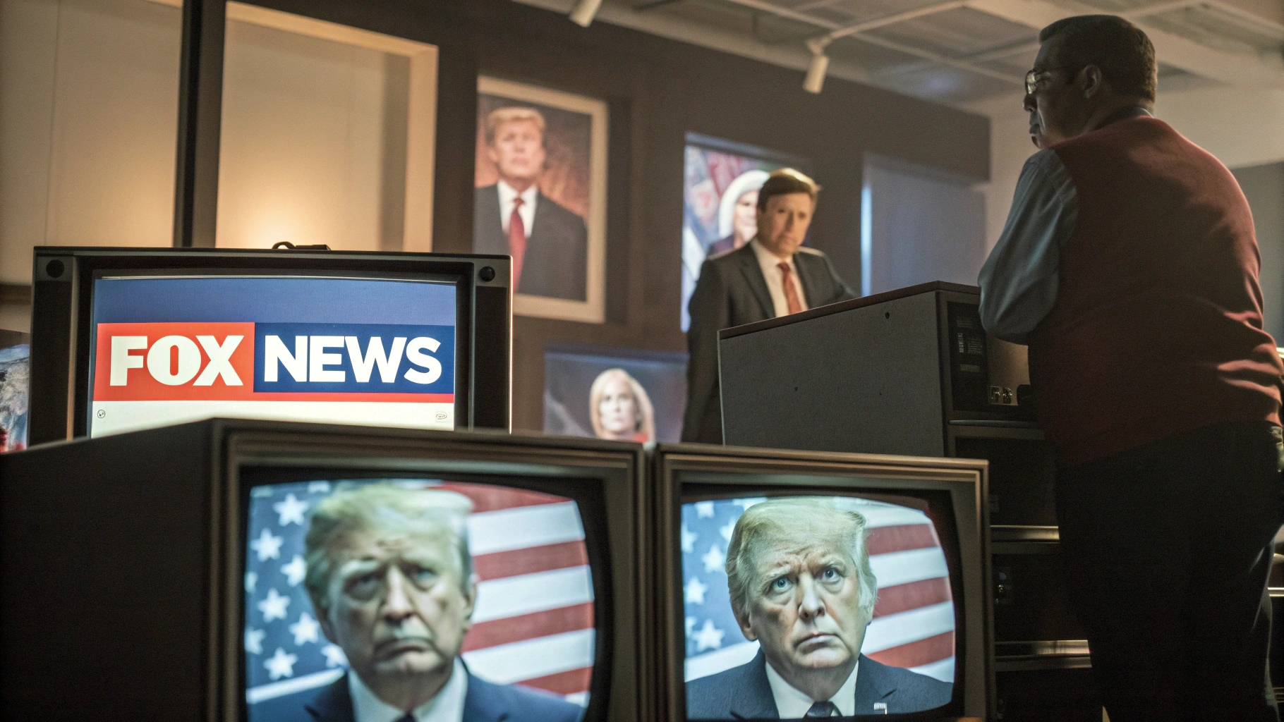 Bir haber odasında çok sayıda televizyon ekranı, her biri farklı siyasi figürleri gösteriyor. Ortada Fox News logosu belirgin şekilde yer alıyor. Arkada gölgede bir iş adamı, haberlerin arkasında manipülatif bir figür olarak duruyor.