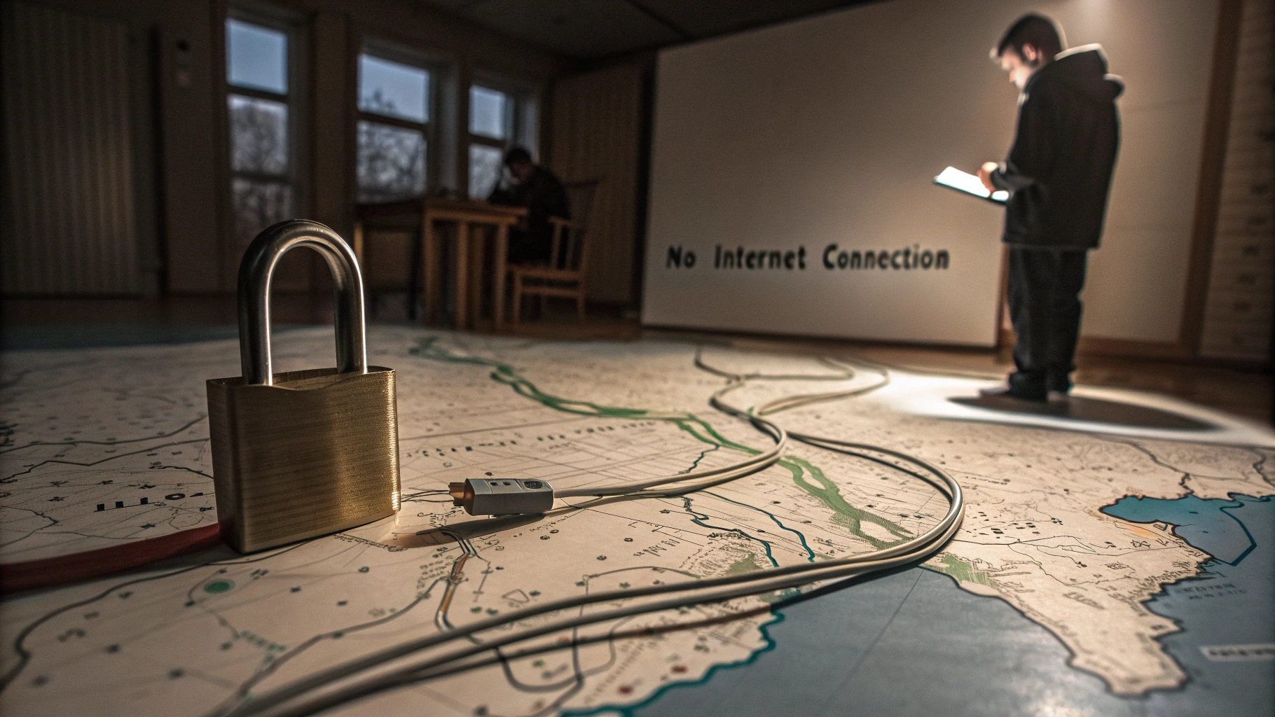 İran haritasının üzerine büyük bir asma kilit konulmuş. Haritanın üzerindeki internet kabloları kesilmiş halde. Arka planda bir genç, karanlık bir odada dizüstü bilgisayarına bakarken 'No Internet Connection' (İnternet Bağlantısı Yok) yazısı duvara yansıtılıyor.