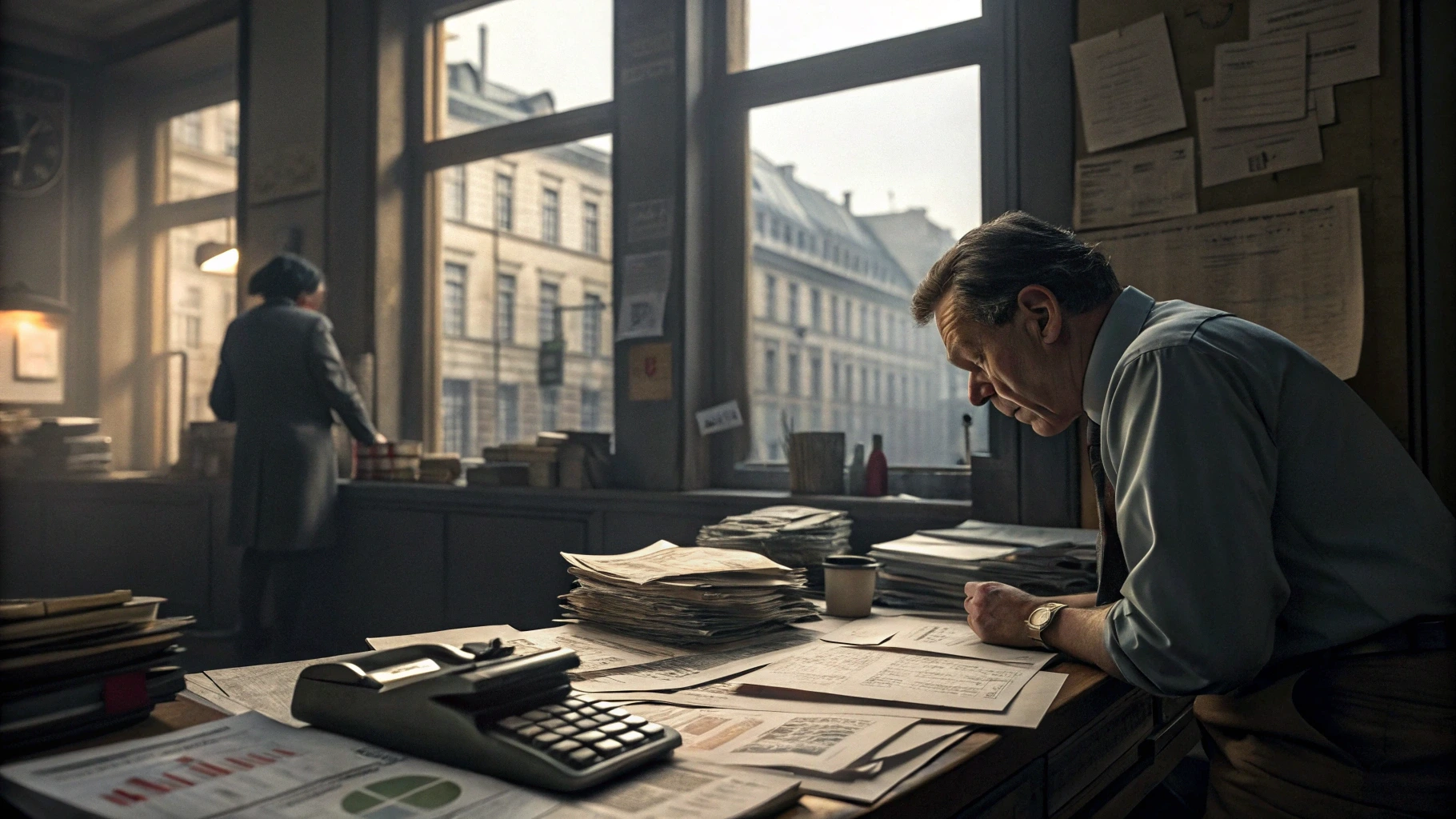 Bir gazetecinin masasında üst üste yığılmış vergi belgeleri, faturalar ve hesap makinesi var. Arka planda bir adam endişeli bir ifadeyle mali raporları inceliyor. Gazete manşetinde 'Bağımsız Basın' ifadesi var.