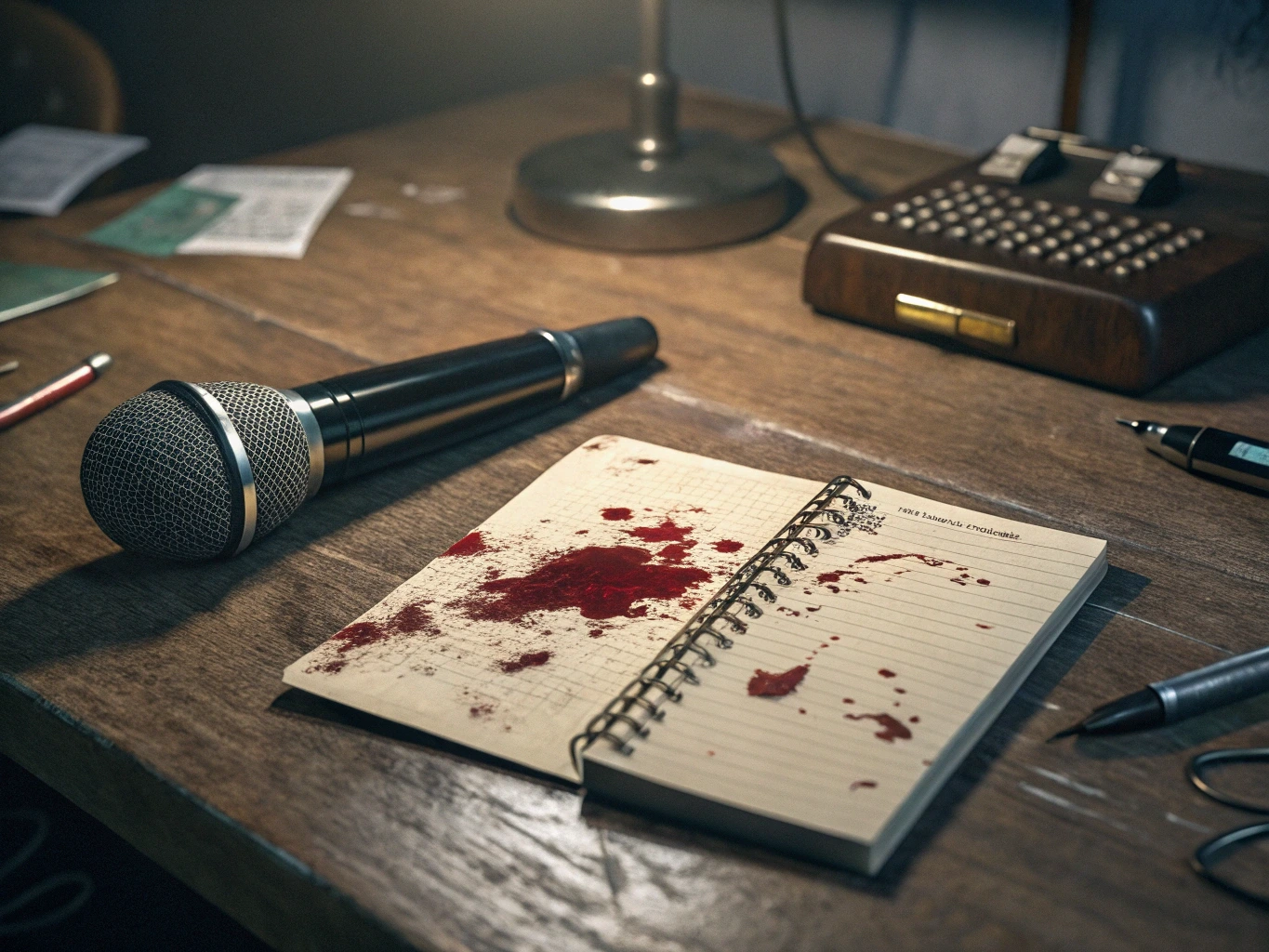 Bir gazetecinin masası, üstünde kan lekeli not defteri ve bir mikrofon var. Loş ışıklı bir ortam, olayın dramatikliğini ve kaybolan bir gazeteciyi simgeliyor. Cemal Kaşıkçı cinayetinin etkilerini anlatan bir sahne.