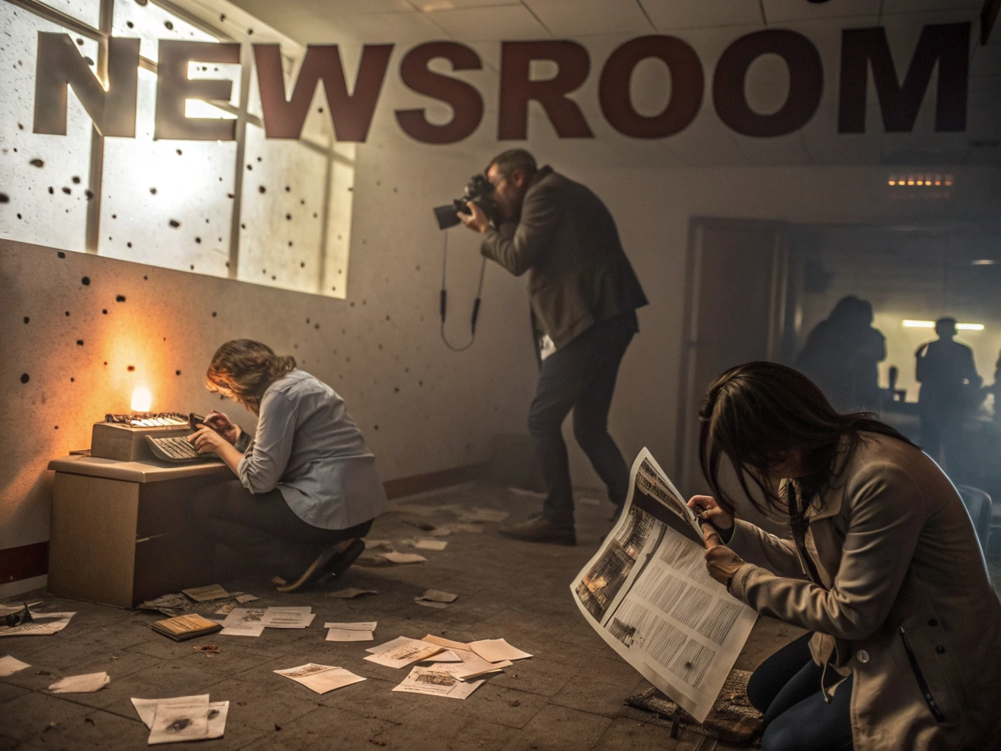 Bir Fransız gazeteci, bir ofiste saldırı sonrası boşalmış bir masanın başında duruyor. Etrafta dağınık gazete kupürleri ve bilgisayar ekranında 'Charlie Hebdo' yazısı var. Olayın medya üzerindeki etkisini vurgulayan dramatik bir kompozisyon.