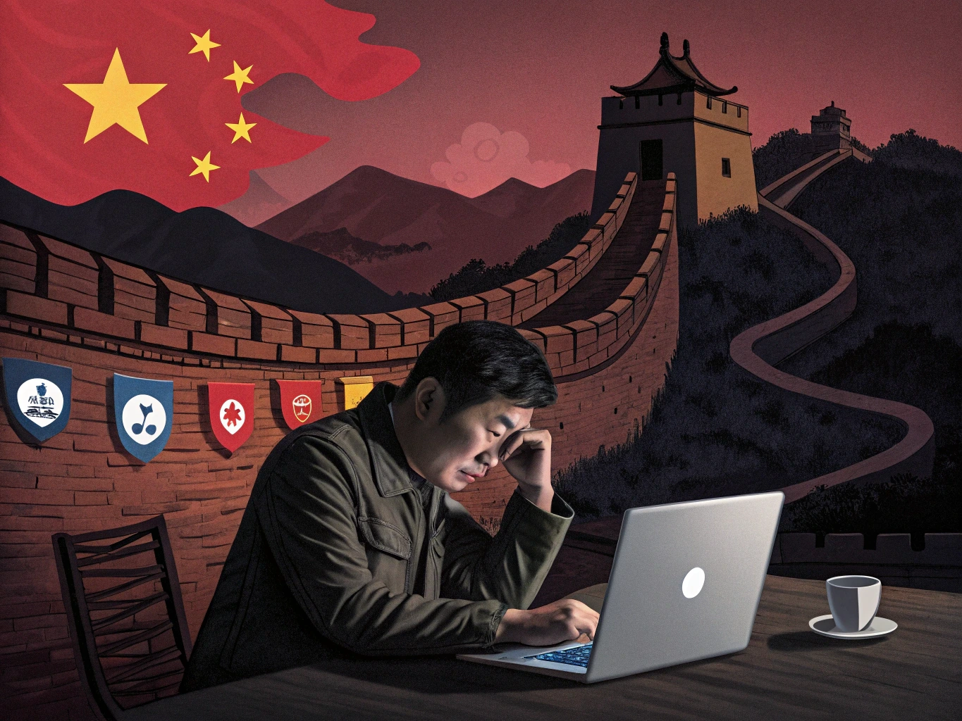 Bir Çinli internet kullanıcısı, ekranında erişim engellenmiş sosyal medya sitelerine bakıyor. Arka planda dev bir dijital güvenlik duvarı ve kilit simgeleri, Çin’in 'Great Firewall' politikasıyla uyguladığı internet sansürünü görselleştiriyor.