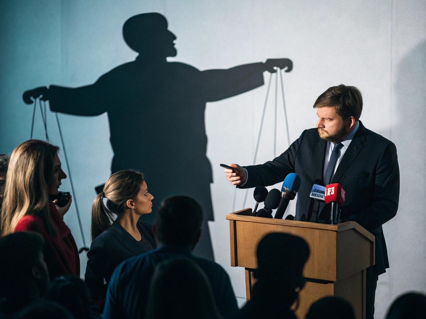 Bir basın toplantısı sahnesi, gazeteciler bir politikacıya soru sorarken, arkada duvara yansıtılmış kukla ipleriyle kontrol edilen büyük bir gölge var. Medyanın siyasi manipülasyonunu anlatan dramatik bir görsel.