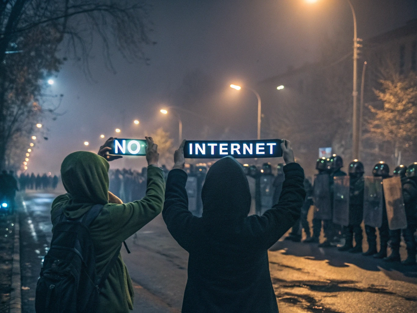 İran'daki protestocular ellerinde telefonlarla 'İnternet Bağlantısı Yok' uyarısını gösteriyor. Polis barikatları ve karanlık sokaklar, bilgi akışının engellenmesini vurgulayan bir atmosfer yaratıyor.