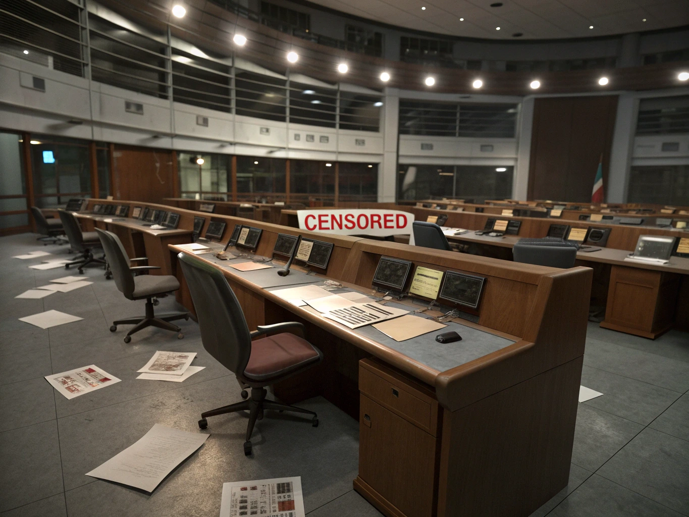 Bir haber odasında boş sandalyeler, baskı altındaki bir gazeteciyi simgeliyor. Duvarlarda 'Sansürlü' damgaları var. Filipinler'deki gazetecilere yönelik baskıları anlatan bir sahne.