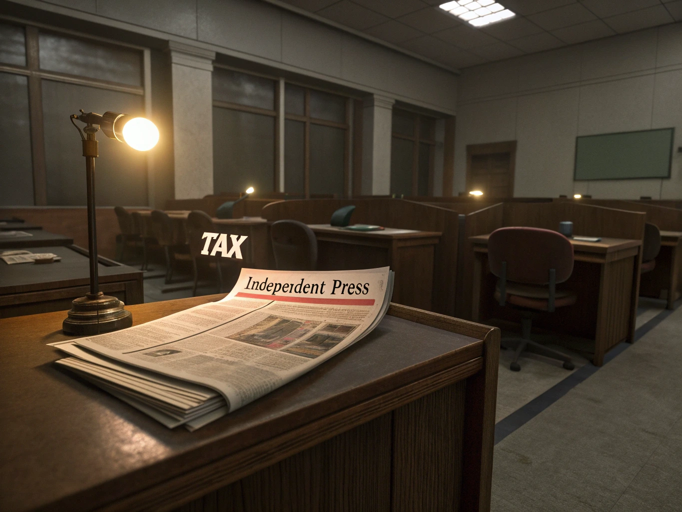 Boş bir haber odası, yalnızca bir masada ışık yanıyor. Üzerinde 'Vergi' damgalı bağımsız bir gazete var. Bu, ekonomik baskılar nedeniyle zor durumda kalan medya kuruluşlarını simgeliyor.