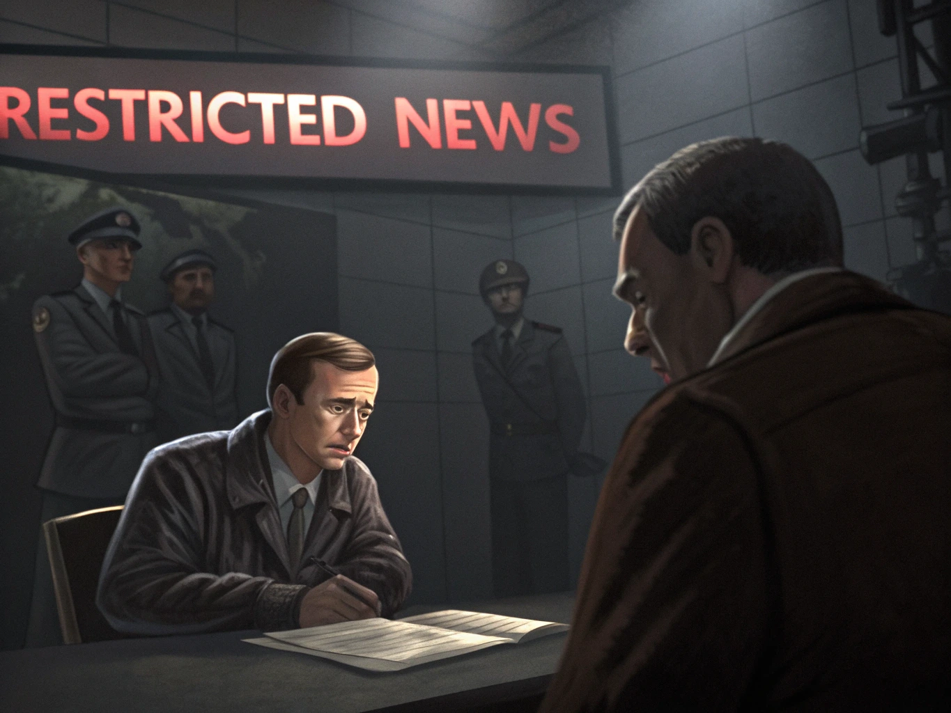 Bir Rus gazeteci, koyu renk bir odada sorguya çekiliyor. Masanın üstünde 'Kısıtlanmış Haberler' yazısı var. Arkada üniformalı yetkililer izliyor. Bağımsız gazetecilerin baskı altında olduğunu gösteren sert bir anlatım.